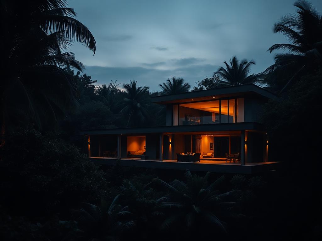 Jungle compound retreat with modern architecture at dusk